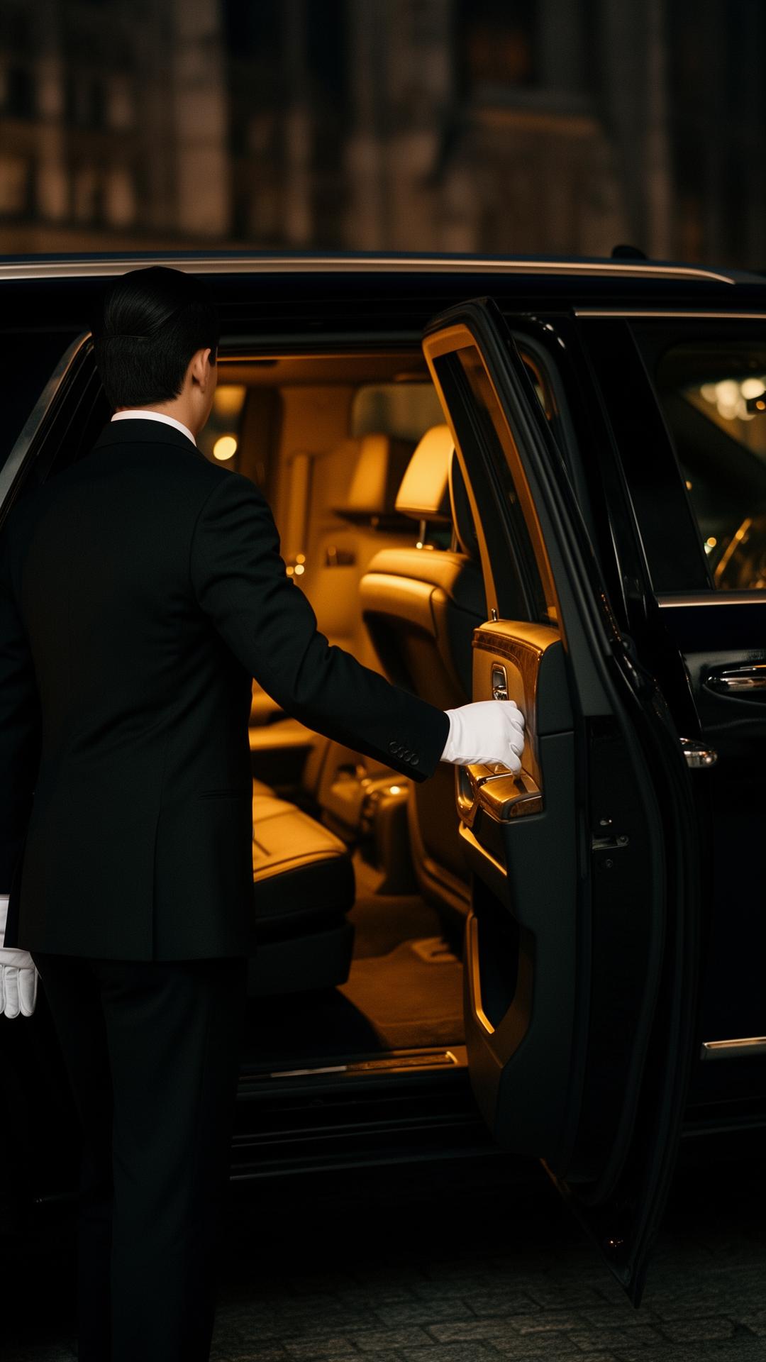 Professional chauffeur opening door of luxury SUV