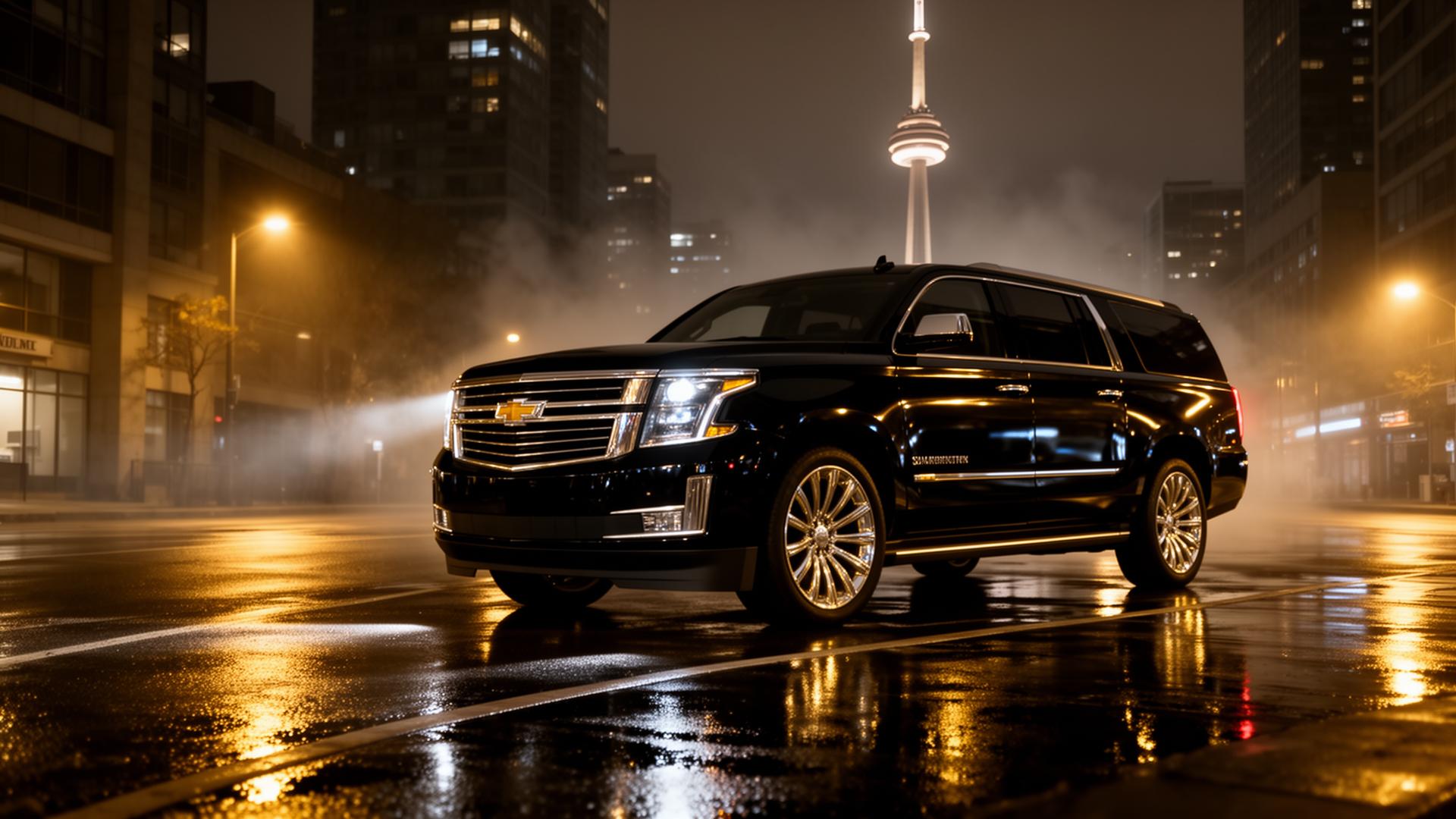 Executive black SUV at night in downtown Toronto